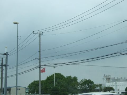 曇り空にコカコーラの文字と直線が浮いている。